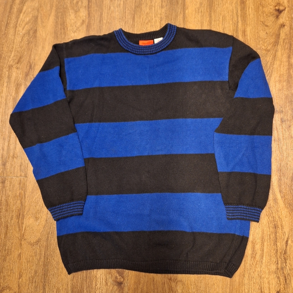 LIZ & CO. by Liz Claiborne Black and Bright Blue Striped Crew Neck Sweater- Sz.M